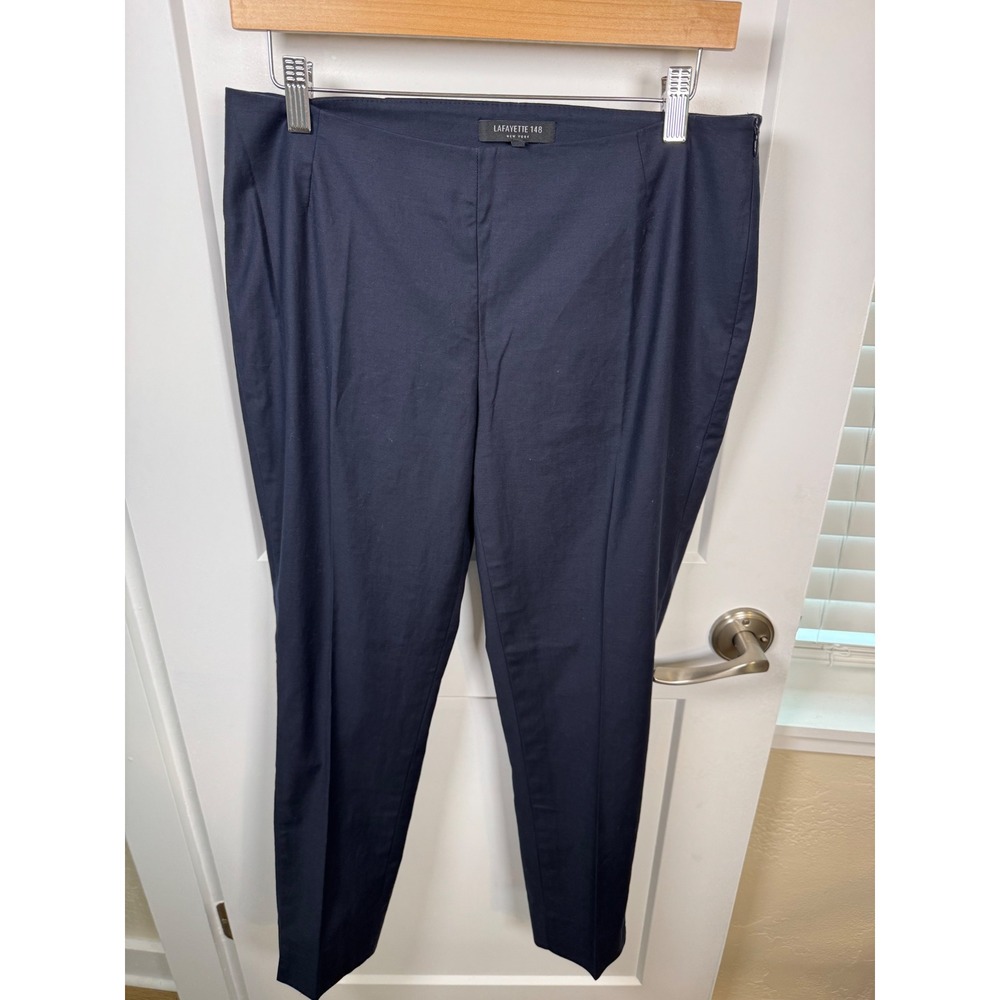 Lafayette 148 New York Navy Blue Slim Ankle‎ Pants Side Zip Split Hem Size 6